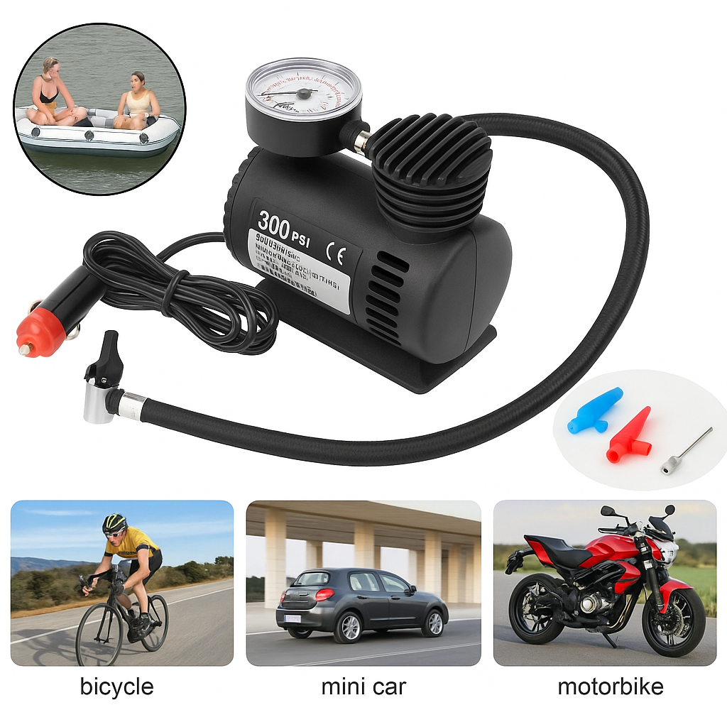Mini Compresor Portátil 12V 300 PSI – Infla Llantas y Más en Minutos
